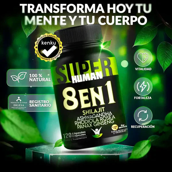 SuperHuman™ PG 8 super ingredientes en 1 Cápsula - Shilajit, Ashwagandha, Rhodiola, Rosea,Panax y Ginseng